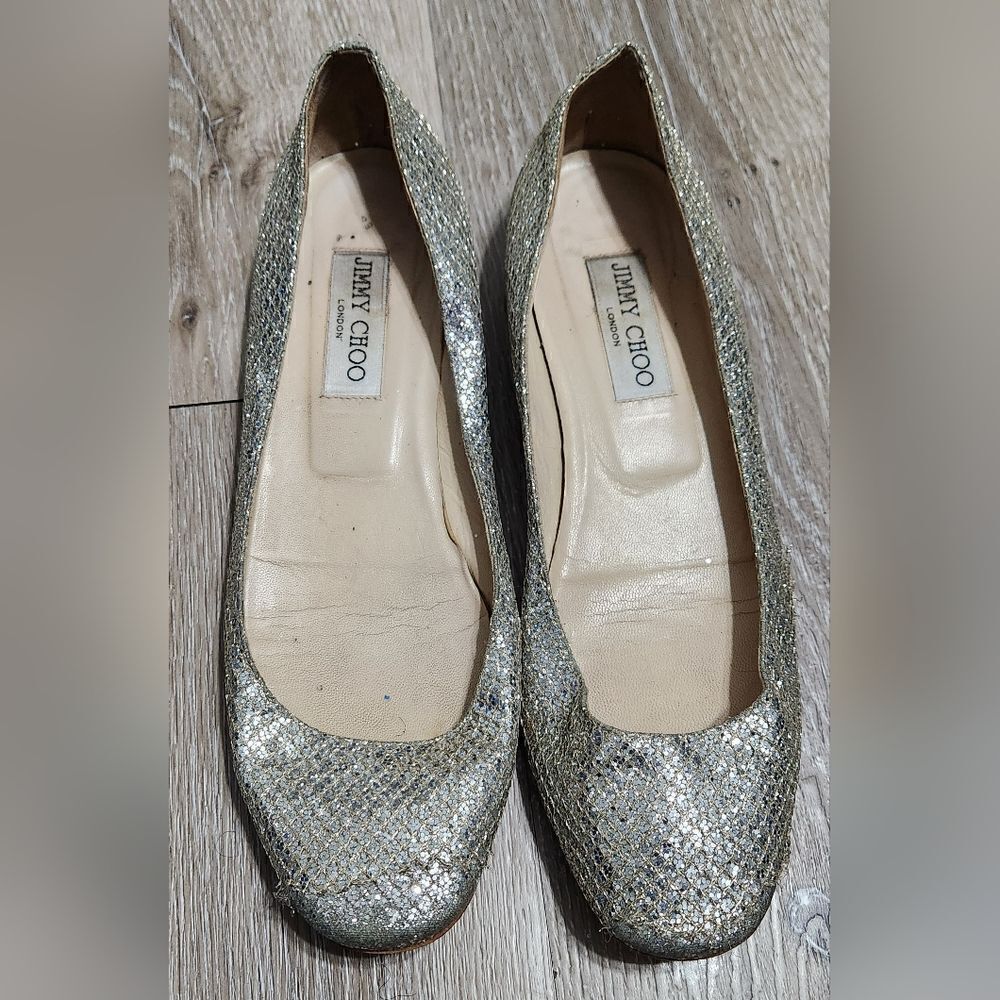 Jimmy Choo Lame Finlay Silver Champagne Glitter Mesh Ballet Flats Sz 39.5